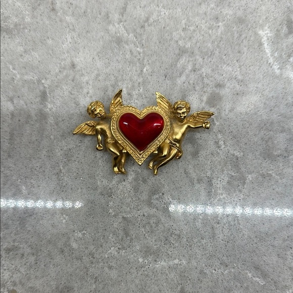 None Jewelry - Vintage Gold and Red Heart Angel Brooch